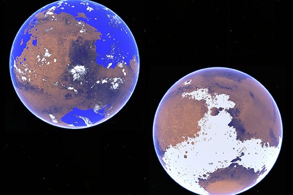 Robin Wordsworth, assistant professor in environmental science and engineering at the Harvard John A. Paulson School of Engineering and Applied Sciences, and his colleagues used a 3-D atmospheric circulation model to compare a water cycle on Mars under different scenarios 3 to 4 billion years ago. The left rendering looks at Mars as a warm and wet planet with an average global temperature of 10 degrees Celsius (50 Fahrenheit), and the other as a cold and icy world with an average global temperature of minus 48 degrees Celsius (minus 54 Fahrenheit).
