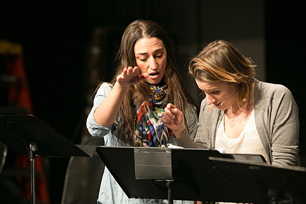Singer-songwriter Sara Bareilles (left, photo 1) is behind the music and lyrics for the American Repertory Theater’s new musical, “Waitress.” Jeanna de Waal and Jeremy Morse (photo 2) rehearse for the production, which is directed by Diane Paulus (photo 3), pictured here with set designer Scott Pask. 
