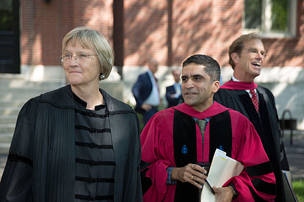 Harvard President Drew Faust (from left, photo 1), Danoff Dean of Harvard College Rakesh Khurana, and Freshman Dean Thomas Dingman look on during the Freshman Convocation in Tercentenary Theatre. Edgerley Family Dean of the Faculty of Arts and Sciences Michael D. Smith (photo 2) also delivered remarks at the ceremony. Among those attending were Elizabeth Athena Braun '19 (from left, photo 3), Erica Oosterhout '19, and Alyn Wallace '19.