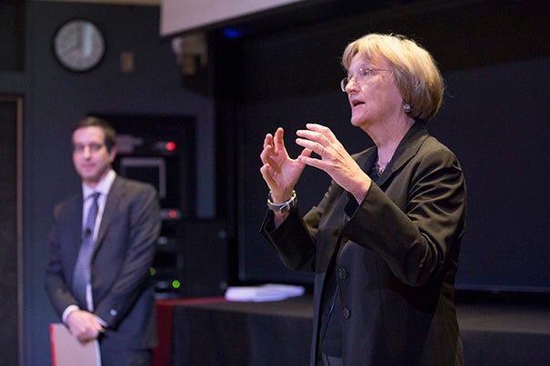 President Faust discussed the survey results with students Monday night at the Science Center.