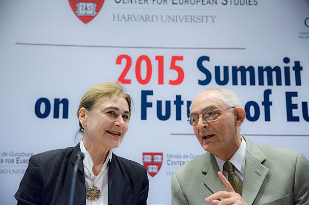 The photo of young Aylan Kurdi “was a wake-up call for everybody; it suddenly galvanized a sort of moral outrage which had been lurking for some time,” said Harvard's Jacqueline Bhabha (left) during a two-day summit on the future of Europe. Also pictured is Patrice Higonnet, Robert Walton Goelet Professor of French History Emeritus.