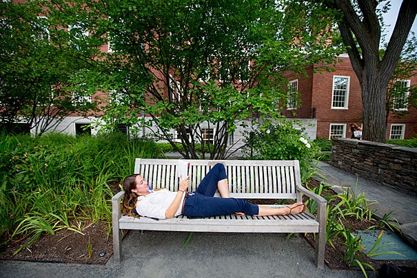 Laura Amrein, assistant director for admissions at Harvard Graduate School of Education and proctor for Hollis Hall, read much of Sonia Sotomayor’s “My Beloved World” in the Sunken Garden.