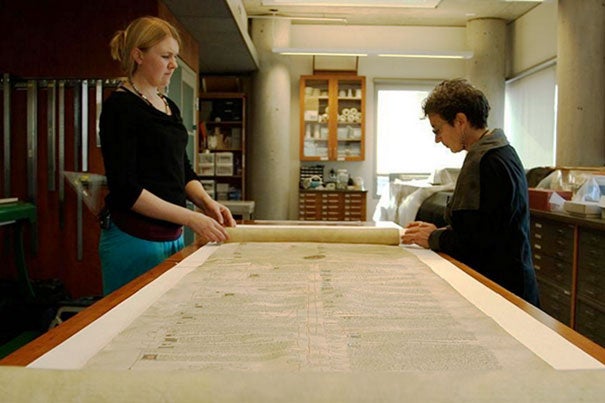 Students taking "The Book," a modular MOOC developed through HarvardX, will get unprecedented digital access to Harvard’s archives of printed material. Among the holdings is a 39-inch scroll from the 15th century (photo 1). The course was conceived by Professor Jeffrey Hamburger (photo 2). Professor  Ann Blair (right, photo 3) and Meredith Quinn are filmed during a segment on Islamic manuscripts.