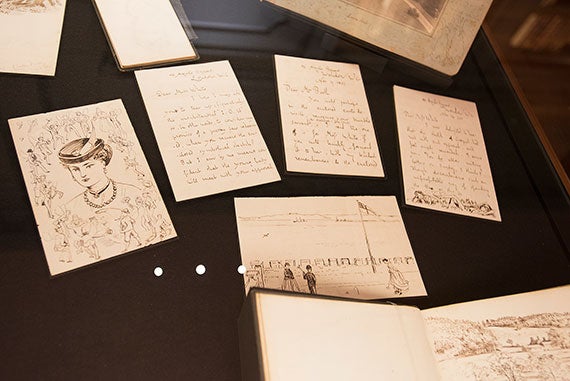Crane's drawing of his wife Mary, featuring correspondence to her before they were married. Photo by Jeffrey Blackwell/Harvard Correspondent 
