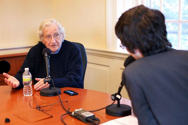 Noam Chomsky doing an interview on the "Harvard EdCast" with host Matt Weber. The “Harvard EdCast” is a weekly series of podcasts that features 15- to 20-minute conversations with thought leaders in education. 