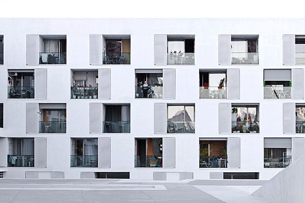 Among the examples of housing in the GDS's “Living Anatomy” exhibit is Can Travi, an elderly housing complex in Barcelona, Spain (photo 1). A themed hallway at the Graduate School of Design explores all aspects of housing (photo 2). Images of Sou Fujimoto Architects’ House NA in Tokyo examine the relationship between interior and exterior. The radical design is known for its transparent walls (photo 3). 

