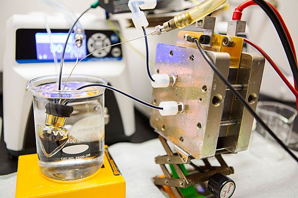 Harvard researchers wanted to improve on their 2014 flow battery. Their goal was to replace the conventional bromine-bearing electrolyte with something nontoxic. In a paper released today, the team's findings  "deliver the first high-performance, nonflammable, nontoxic, noncorrosive, and low-cost chemicals for flow batteries." A prototype of the battery is pictured.