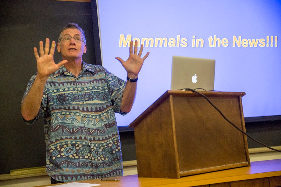 Jonathan Losos, the Monique and Philip Lehner Professor for the Study of Latin America and curator in herpetology at the Museum of Comparative Zoology, delivers an animated lecture on “Biology of Mammals: Organismic and Evolutionary Biology.” Jon Chase/Harvard Staff Photographer