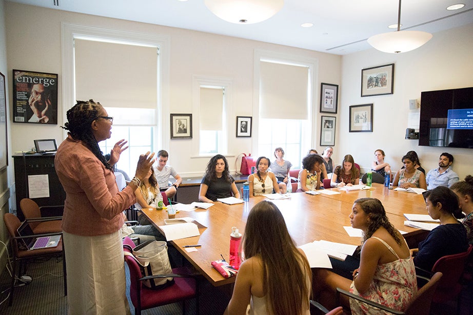 Jamaica Kincaid teaches “African-American Literature from the Beginnings to the Harlem Renaissance” inside the Barker Center. Kris Snibbe/Harvard Staff Photographer