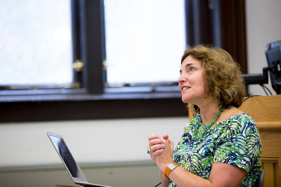 Julie A. Buckler teaches “The Urban Imagination” in Emerson Hall. Rose Lincoln/Harvard Staff Photographer