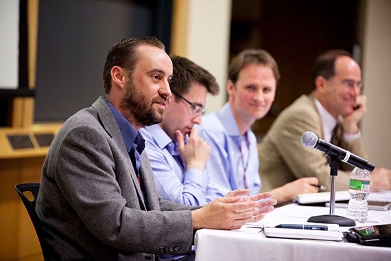 A digital scholarship summit takes place at Harvard Business School to bring together Harvard faculty members, PhD researchers, technologists, and librarians who develop digital scholarship tools for themselves or provide digital scholarship tools and services for others. James Cuff (from left), Arthur Spirling, John Palfrey, and David C. Lamberth speak on the afternoon panel addressing "The Potential of Digital Scholarship." Stephanie Mitchell/Harvard Staff Photographer