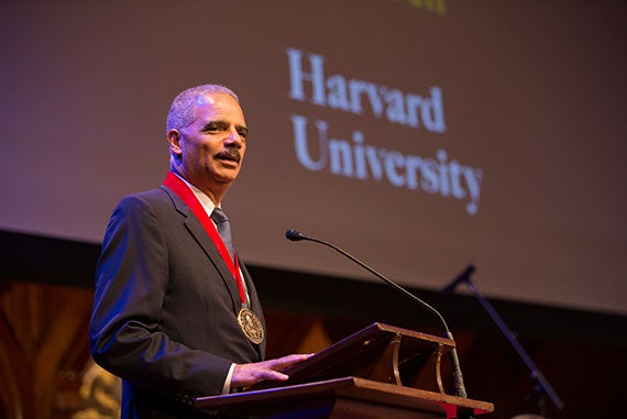 Eric Holder was presented his medal at Harvard Universityís Hutchins Center for African & African American Research  2015 W.E.B. Du Bois Medalists ceremony at   Sanders Theatre, Memorial Hall. Rose Lincoln/Harvard Staff Photographer