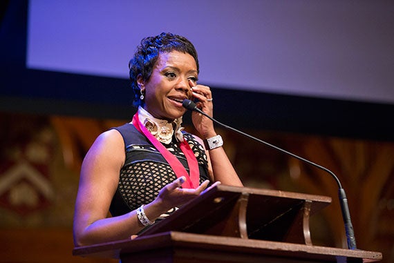 Mellody Hobson was presented her medal by Nitin Nohria at Harvard Universityís Hutchins Center for African & African American Research  2015 W.E.B. Du Bois Medalists ceremony at   Sanders Theatre, Memorial Hall. Rose Lincoln/Harvard Staff Photographer