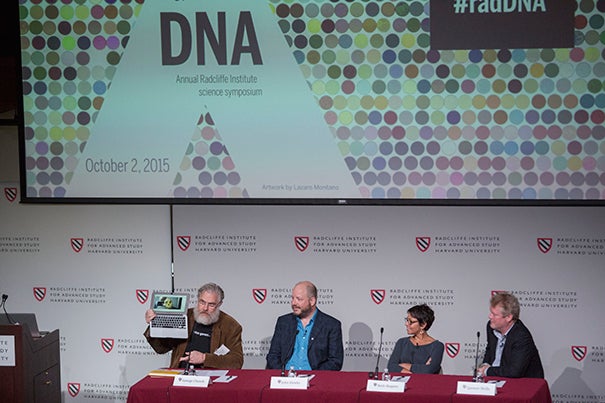 Harvard’s George Church (from left) moderated a Radcliffe symposium with John Hawks, Beth Shapiro, and Spencer Wells that featured discussions related to modern DNA analysis, including the possible resurrection of extinct animals like the mammoth, forensic DNA investigation, the ethics of DNA, and a peek at the likely future of DNA science.