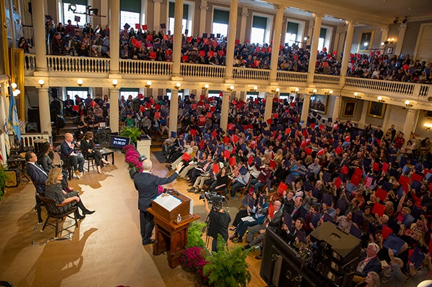 Harvard political philosopher Michael Sandel welcomed a sold-out crowd in Faneuil Hall. The Sunday evening event marked the opening of HUBweek.