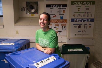 Theodora Mautz ’19, who doesn't mind getting her hands dirty if it means a cleaner planet, is a member of the Undergraduate Resource Efficiency Program (REP). 