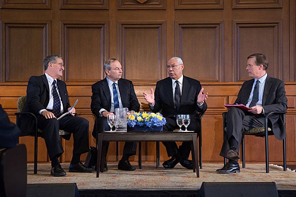 Former Secretary of State Colin Powell took part in the American Secretaries of State Program in a chat with Harvard's Robert H. Mnookin (from left), James Sebenius, and Nicholas Burns.