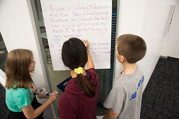 Students reviewed goals as parents joined in conversation about preparing their children for college. Teens to elementary school-age youngsters were part of the workshop at the Harvard Ed Portal.