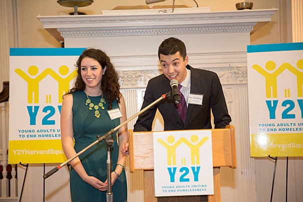 Sarah Rosenkrantz ’14 (from left) and Sam Greenberg ’14, co-founders of Y2Y Harvard Square, saw a vision become a reality as First Parish became the location of what officials describe as the nation’s first student-run overnight shelter for youth. Keynote speaker Sen. 