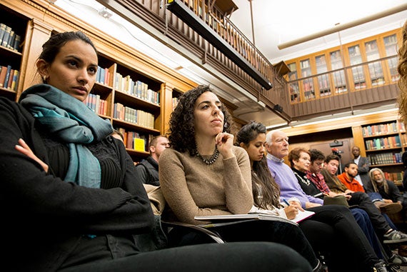 Audience members listen to Harvard University professors: Walter Johnson, Elizabeth Hinton, Brandon Terry and Evelyn Brooks Higginbotham,  who led a discussion titled: #Black Lives matter in Historical Perspective held in Robinson Hall Lower Library Rose Lincoln/Harvard Staff Photographer