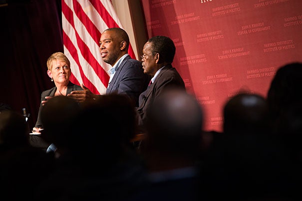 Addressing a Harvard Kennedy School audience, MacArthur Fellow and best-selling author Ta-Nehisi Coates (center) argued that America’s practice of disproportionately criminalizing and incarcerating African-American men is a direct extension of our history of using the criminal justice system to address social problems. Coates was joined by Kathryn Edin, a former HKS professor, and Harvard Professor William Julius Wilson. 