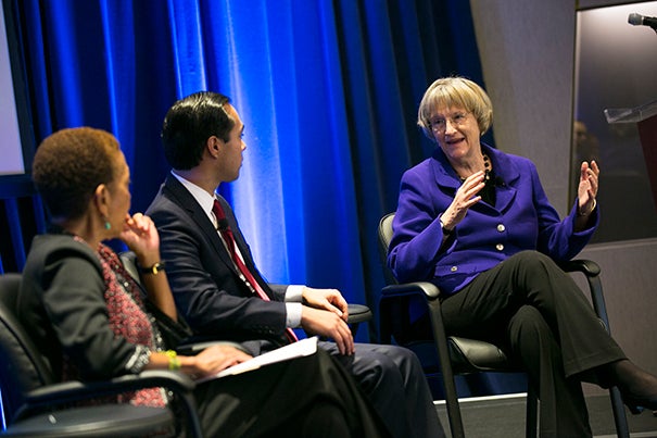 Marking HUD’s 50th anniversary, Harvard President Drew Faust  (photo 1) reflected on continued efforts to battle inequality in housing with HUD Secretary Julian Castro, J.D. ’00. Sharing in the discussion were Atlanta real estate developer Egbert Perry (from left, photo 2), former Atlanta Mayor Shirley Franklin, and Georgia Tech economics professor Thomas Boston. Faust toured the Center for Civil and Human Rights with founding CEO Doug Shipman, M.T.S. ’01, M.P.P. ’01 (photo 3).