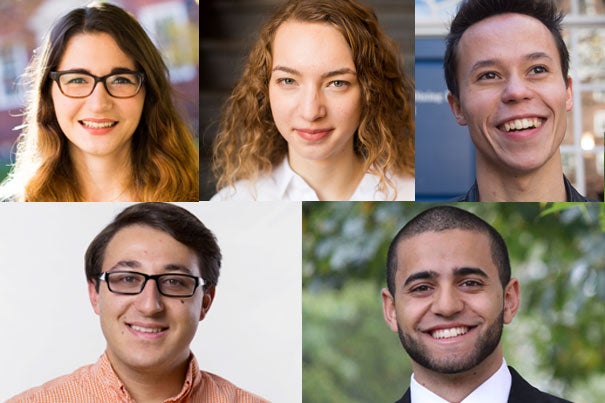 The five Harvard students among this year’s 32 Americans chosen as Rhodes Scholars are Neil Alacha (clockwise from lower left), Grace Huckins, Rivka Hyland, Garrett Lam, and Hassaan Shahawy.