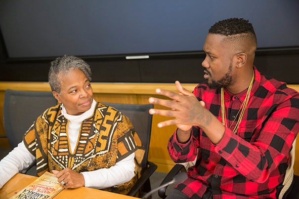 Jamala Rogers (left) and Tef Poe were among the panelists to discuss "Generations of Struggle: St. Louis from Civil Rights to Black Lives Matter." 