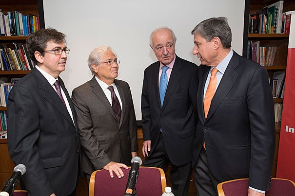 Before a packed room at Harvard’s Instituto Cervantes Observatory of the Spanish Language, academics Juan Carlos Jiménez (from left) of the University of Alcalá in Spain, Nicolás Kanellos of the University of Houston, Emilio Gilolmo López of Fundación Telefónica, and José Luis Garcia Delgado of Complutense University of Madrid shared cautious optimism on the future of Spanish in the United States.