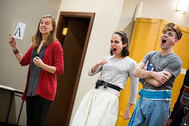Allegra Libonati (from left) directs actors Ali Stoner and Kyle VanZandt in a scene for the American Repertory Theater Institute’s production of “The Pirate Princess." 