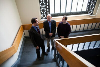 New research by postdoctoral fellow  Alexander More (from left), Francis Goelet Professor of Medieval History Michael McCormick, and Matt Luongo '17 found evidence of a deep, prolonged food shortage in the years leading to the Black Death.