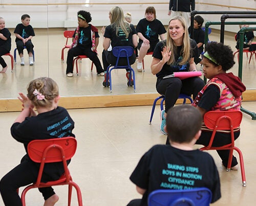 Portia Abernathy, Ed.M.’11, C.A.S.’12, works with Boston Ballet’s Adaptive Dance Program to offer creative movement instruction for young people with disabilities. 
