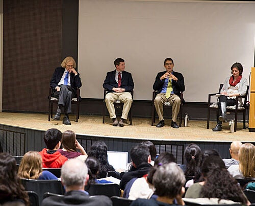Jeremy Jackson (from left) of the Scripps Institution of Oceanography; Trevor Branch from the University of Washington; John Pandolfi, a research fellow at the University of Queensland’s School of Biological Sciences; and Mary O'Connor, assistant  professor at the University of British Columbia were on a Harvard University Center for the Environment panel examining the human impact on ecological systems. 