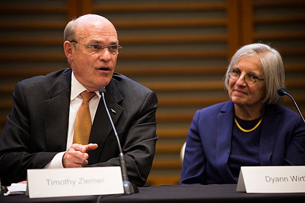 Rear Adm. Timothy Ziemer of the President’s Malaria Initiative and Dyann Wirth, director of the Harvard Malaria Initiative, were part of a Harvard Global Health Institute panel on the quest to eradicate malaria.