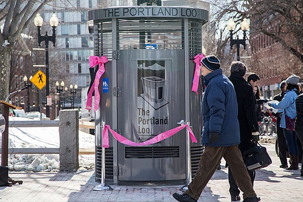 The new structure in the tiny triangular park across from First Parish Church is a Portland Loo, a sleek, stainless steel, flush toilet kiosk of a kind invented in the Oregon city and now exported to other locales. 