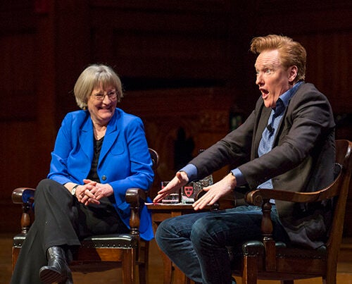 Conan O'Brien '85 shared a laugh or two with President Faust at Sanders Theatre. 