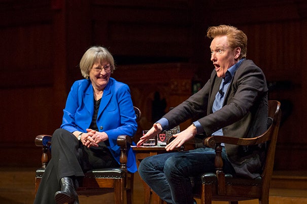 Conan O'Brien '85 shared a laugh or two with President Faust at Sanders Theatre. 