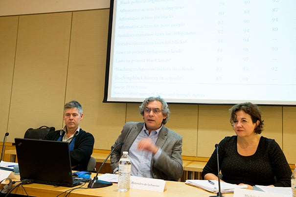 Patrick Simon (from left),  Alejandro de la Fuente, and Michèle Lamont traced evolving attitudes toward race and discrimination in Latin America, Europe, and the United States in the second of four in a Weatherhead Center series on comparative inequality.