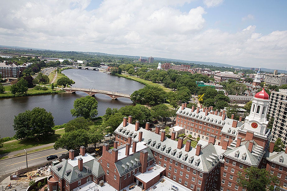 Dunster House and the Weeks Bridge seen from the Mather House tower. Kris Snibbe/Harvard Staff Photographer