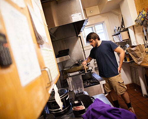 Initially confused about the mostly vegetarian meals served at the Dudley Co-op, Stergios Dinopoulos ’17 now shares in the meal-making role.

