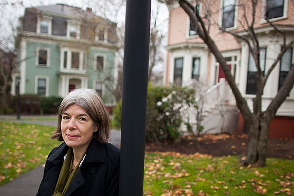 Author Claire Messud speaks about the art of writing. She is pictured outside her office, one of the places where she writes, in the Bunting Quadrangle at Harvard University. Stephanie Mitchell/Harvard Staff Photographer