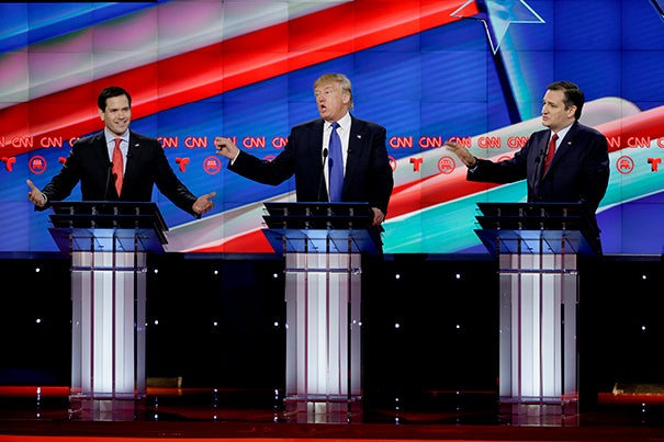 Republican presidential candidates Marco Rubio, Donald Trump, and Ted Cruz are pictured during the most recent GOP debate. 