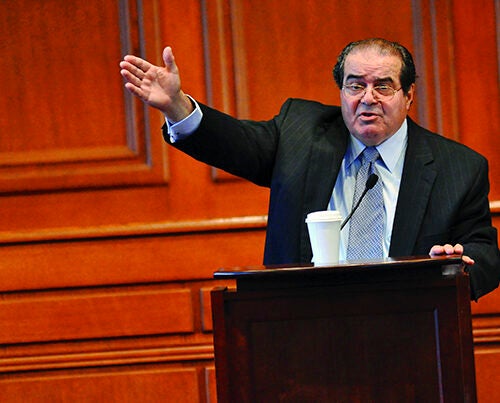 Justice Scalia delivered the inaugural Vaughan Lecture in 2008, one of several occasions he returned to Harvard to speak. 