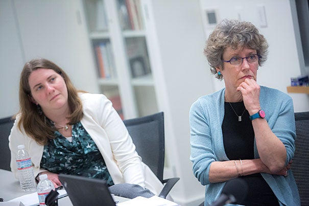 The Weatherhead Center for International Affairs is funding a new interdisciplinary initiative on the study of gender inequality, among whose six participants are Claudia Goldin, Henry Lee Professor of Economics (not pictured), Alexandra Killewald (left), an associate professor of sociology, and Mary Brinton (right), the Reischauer Institute Professor of Sociology and chair of the Department of Sociology.
