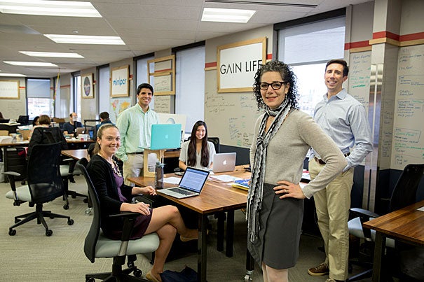 Madeline Meehan (foreground) lost 30 pounds using the PowerUp program offered by the Harvard Launch Lab startup Gain Life, whose team members include  Julia Lennon (from left), Ian Richardson, Madeleine Propster, and Sean Eldridge.