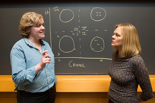 Frances Frei (left), a professor of business management and technology, and classics professor Emma Dench teamed up last semester to lead an experimental elective at Harvard Business School that used classic Roman and Greek writings to provoke deep discussions and reflections on what makes a successful leader.