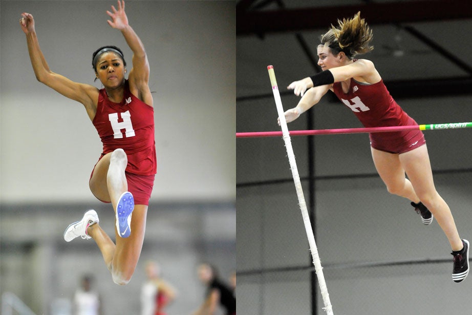 Gabrielle Thomas ’19 , left, soars to victory in the long jump. She recorded a collegiate-best mark of 18 feet 9.75 inches (5.73 meters). Nicole Trenchard ’19, right, clears the bar in the pole vault. She tied teammate Lexi Schachne ’16 for fourth place.