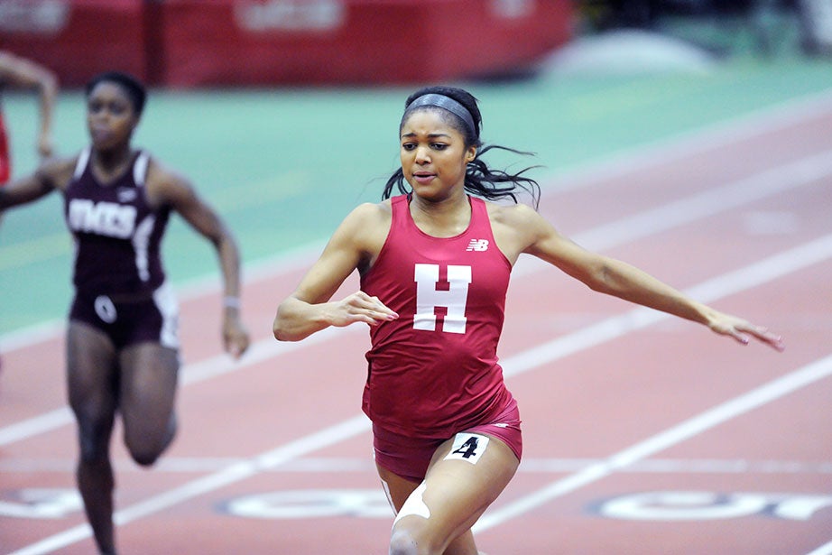 Gabrielle Thomas wins the 60-meter dash with a Harvard and Ivy League record of 7.38 seconds, edging teammate Ngozi Musa ’19 (not pictured) by a tenth of a second.