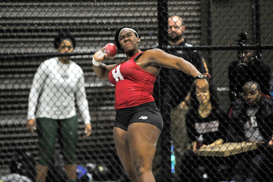 Nikki Okwelogu ’17 heaves the shot put 55 feet 7 inches (16.94 meters), a season-best distance, to win by nearly seven feet.