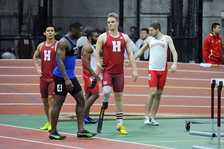 Nicky Maxwell ’19, center, leaves the track after clocking a career-best 9.01 seconds in the 60 meters. James Lin ’16, far left, had a time of 7.49 seconds. 
